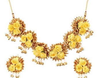 Yellow rose and golden gota jewelry set/ necklace earrings/ bangles ring Haldi jewelry set, Mehendi jewelry flower jewelry set, floral jewel