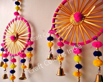 Colorful Gota Ring Woolen Pompom Dream Catcher With Metal Bells Indian Backdrop Decoration Wedding Decor Multicolour Bollywood Theme