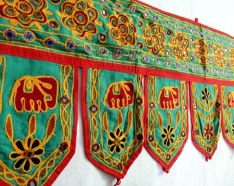 Vintage green toran, door hanging home decor, flower elephant tapestry, indian bohemian door/wall hanging, hand embroidery mirror work
