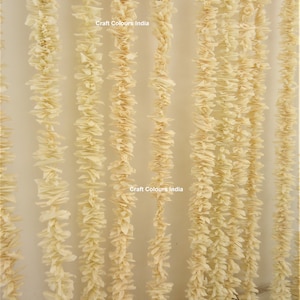 May include: A close-up of a wall decorated with multiple strands of cream-colored paper flower garlands. The garlands are hanging from the ceiling and are arranged in a vertical pattern. The text "Craft Colours India" is visible twice on the wall.