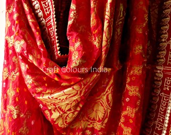 Dupatta di seta rossa Banarsi, Bandhej tessuto Zari dorato, Odhni nuziale