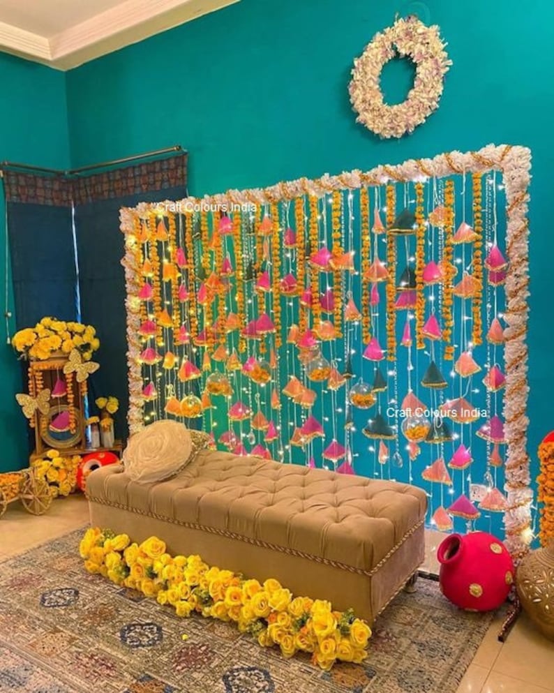 20 pc Gota Net Hangings Decorative Garlands for Wedding, Haldi & Wedding Event Decoration backdrop, Indian String Colorful Net Gota Hanging image 1