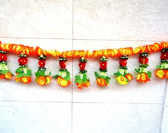 Yellow orange red Flower and green leaves Indian Toran, Indian wedding decoration, Indian valance, Artificial flower door hanging,home decor