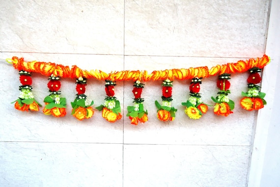 Yellow Orange Red Flower And Green Leaves Indian Toran Indian Wedding Decoration Indian Valance Artificial Flower Door Hanging Home Decor