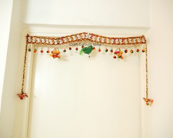 Pompom cowrie shell beaded parrot toran, bohemian home decor, housewarming gift, Halloween decor, door hanging,  Indian valance