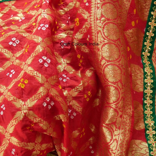 Banarsi Ghatchola silk woven bandhej red dupatta with beautiful zari work, tie dye Indian red scarf, odhni, wedding dupatta, lehenga dupatta