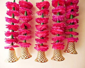 Purplish pink marigold daisy bell latkans, Dark pink and golden bell tassels, small flower hangings, Plastic bell latkans, Flower latkans