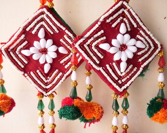 30" long Pair of Beaded vertical beaded wall hangings, bandhej side door hangers, Indian boho Diwali home decor, ethnic wedding decorations