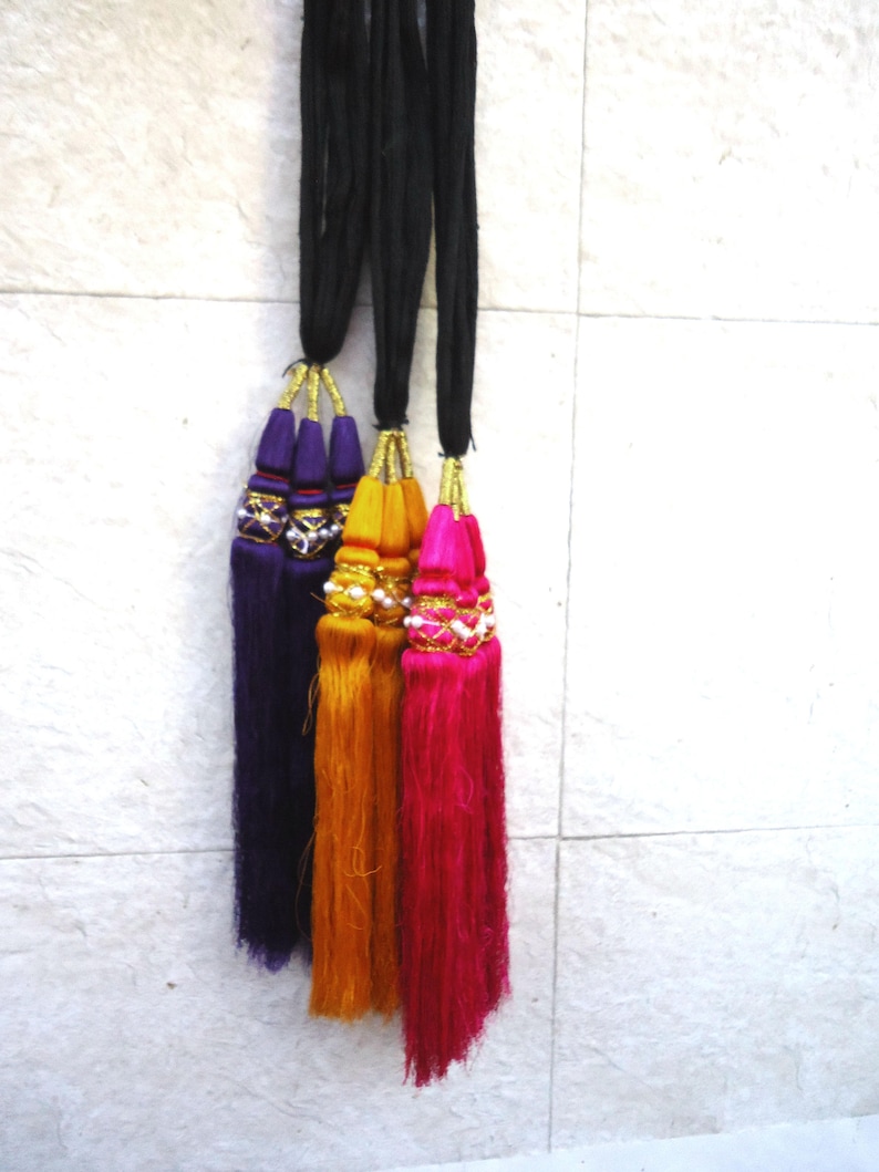 purple yellow pink paranda, indian paranda, braid hairstyle, belly dance  head dress, hair jewelry, ponytail hair tassel, artificial hair