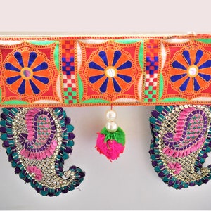 Large paisley bunting orange toran, unique pompom door hanging, Indian valance, Bohemian home decor, Wedding decoration, Indian toran
