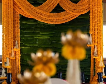 Fondo de guirnalda de caléndula, decoración de boda india, decoración de mehndi haldi, decoración de Acción de Gracias