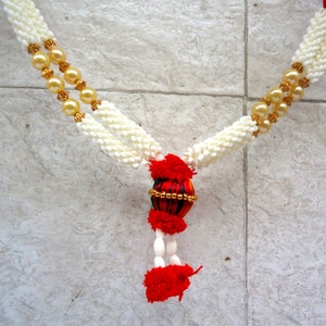 Red and white puja garland, photo garland, statue garland, idol garland, Indian god decoration, wedding supply, home decor, prayer mala