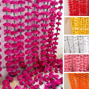 Pink, orange, yellow, red, purplish pink artificial marigold flower garlands, Indian wedding party decoration garlands, Mehendi/haldi decor