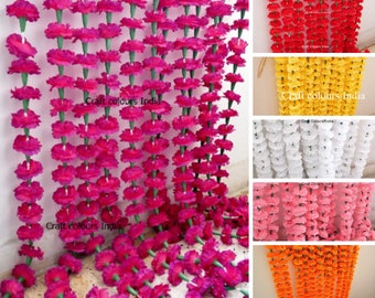 Pink, orange, yellow, red, purplish pink artificial marigold flower garlands, Indian wedding party decoration garlands, Mehendi/haldi decor