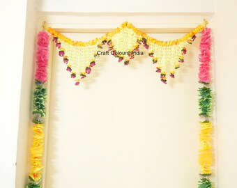 Heavy pink yellow flower toran set/ Indian Puja decorations/ wedding decor/ Diwali decor/ artificial flower door valance/  Haldi decor