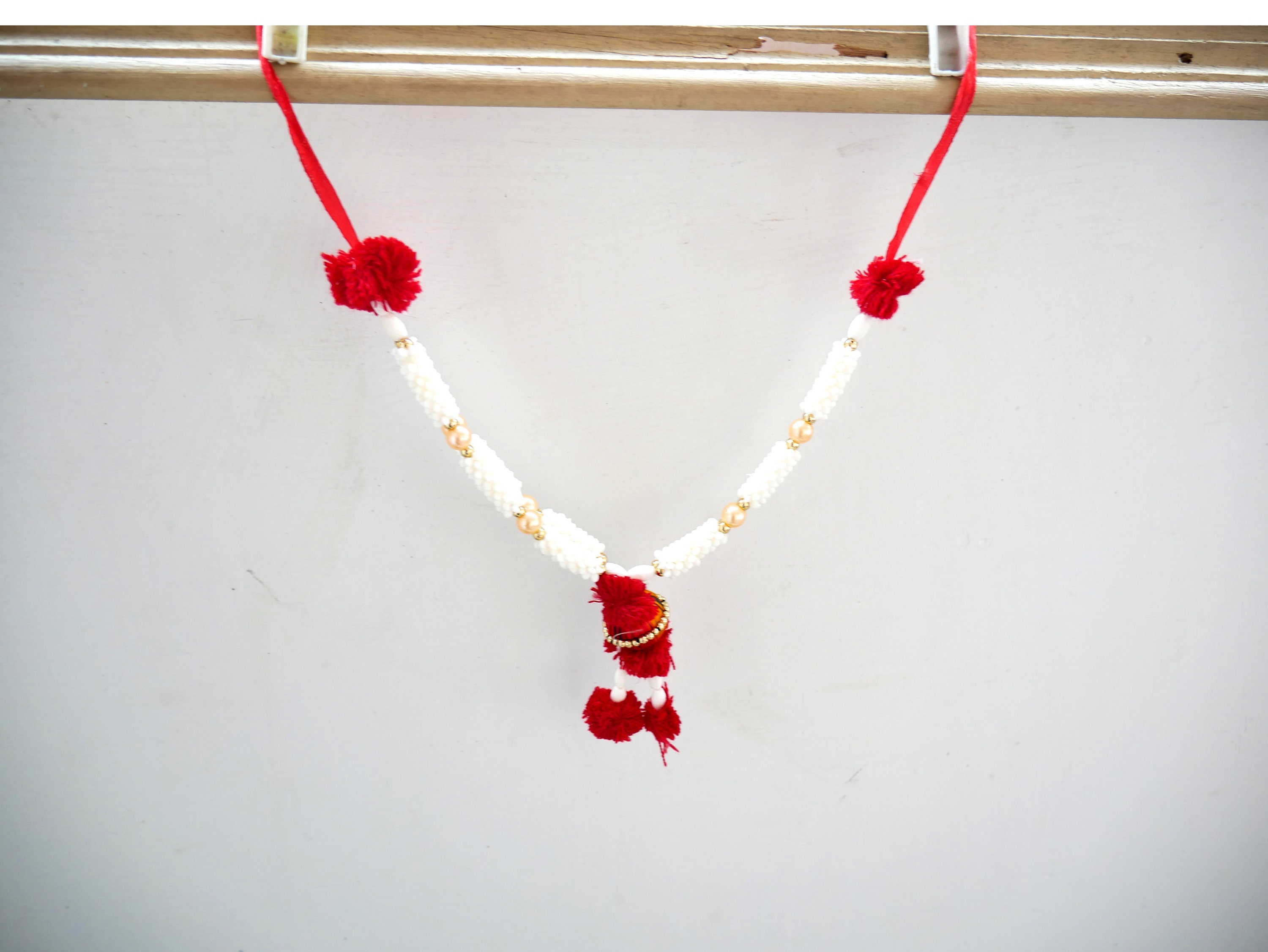 Red Pompom White Beads Small Puja Garland Photo Garland