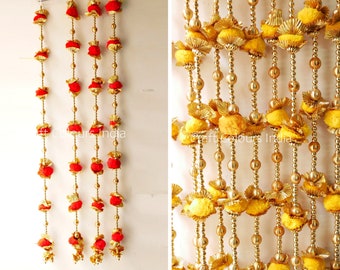 Red n yellow Toran door hanging/ Diwali decoration/ Door valence/ toran/marigold garland/ pompom door side liners/ Haldi decor/yellow decor