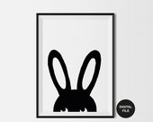 Bunny Illustration Children's Art Print, Digital Download,Printable Poster Black & White Rabbit Nursery Wall Art, woodland Modern Kids Print