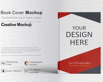 Könnte beinhalten: Ein Mockup eines Buchumschlags mit einem roten und grauen geometrischen Design. Der Text "YOUR DESIGN HERE" befindet sich in der Mitte des Umschlags. Der Text "AUTHOR-NAME" befindet sich unten auf dem Umschlag. Der Text "More information about the author." befindet sich unter dem Namen des Autors.