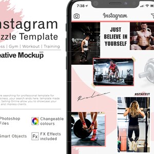 May include: A phone screen mockup showing an Instagram puzzle template for fitness, gym, workout, and training. The template features images of people working out in a gym, with text overlays like "Just Believe In Yourself" and "#StayFit".