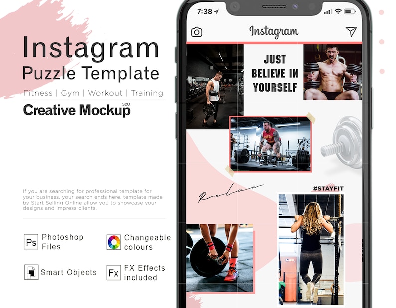 May include: A phone screen mockup showing an Instagram puzzle template for fitness, gym, workout, and training. The template features images of people working out in a gym, with text overlays like "Just Believe In Yourself" and "#StayFit".