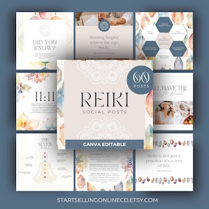 May include: A set of 60 social media post templates for Reiki practitioners. The templates feature watercolour backgrounds with crystals, mandalas, and inspirational quotes. The text includes "Reiki Social Posts", "60 Posts", "Did You Know?", "Healing begins where the ego ends", "Reiki is not just a practice: it's a way of life", and "The Seven Chakras".