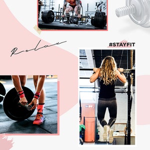 May include: Instagram template for fitness, gym, workout, and training. The template features a collage of photos of people working out in a gym, with motivational quotes and hashtags. The template is designed to be used on social media.