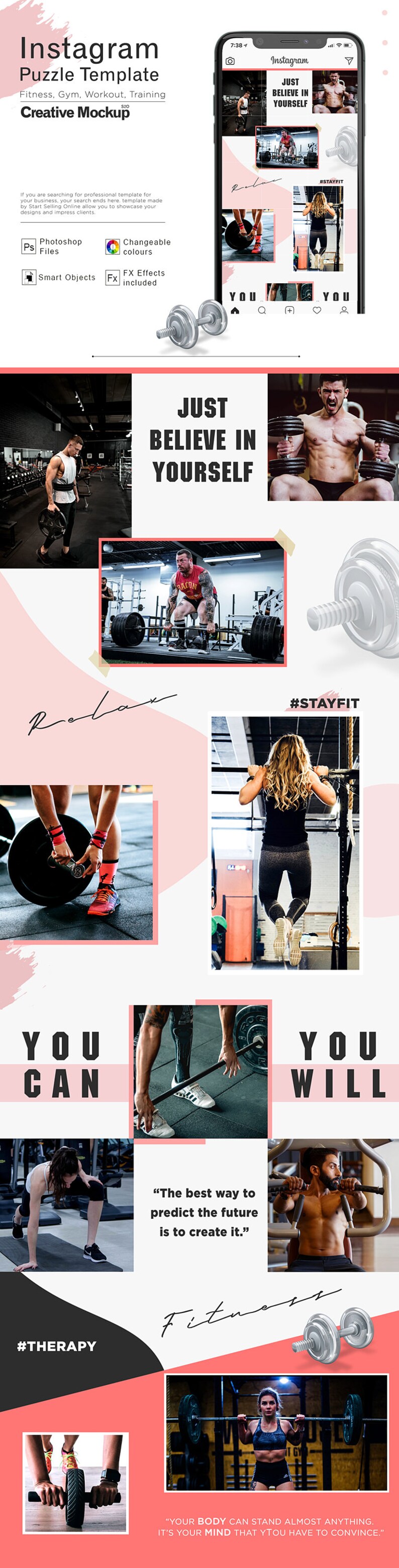 May include: Instagram template for fitness, gym, workout, and training. The template features a collage of photos of people working out in a gym, with motivational quotes and hashtags. The template is designed to be used on social media.