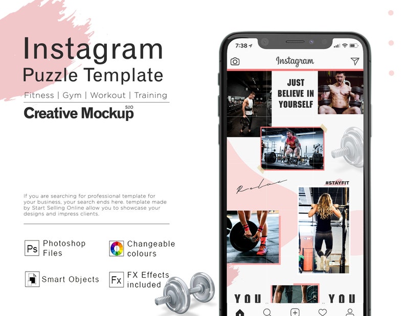 May include: A mockup of an Instagram post template for fitness, gym, workout, and training. The template features a pink and white background with a collage of images of people working out. The text "Just Believe in Yourself" is featured in the top center of the template. The template is designed to be used for social media marketing.