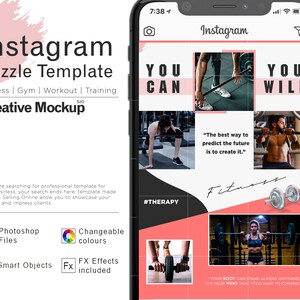 May include: A phone screen mockup showing an Instagram post template for a fitness business. The template is divided into a grid of nine squares, with images of people working out in a gym. The text on the template includes the phrases "You Can", "You Will", "The best way to predict the future is to create it." and "Fitness".
