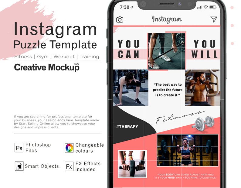 May include: A phone screen mockup showing an Instagram post template for a fitness business. The template is divided into a grid of nine squares, with images of people working out in a gym. The text on the template includes the phrases "You Can", "You Will", "The best way to predict the future is to create it." and "Fitness".