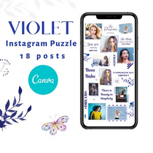 May include: A collage of 18 Instagram posts with a violet color scheme. The posts feature motivational quotes, images of women, and the text "#DREAMS" and "#GOALS".
