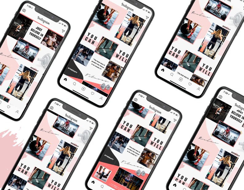 May include: A collage of nine Instagram posts featuring motivational quotes and images of people working out at a gym. The quotes include "Just believe in yourself", "You can", and "You will".