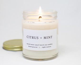 Citrus + Mint Modern Soy Candle  - Grapefruit Orange Candle -  Floral Summer Citrus Soy Scented Candle - Ready to ship Natural Vegan Candles