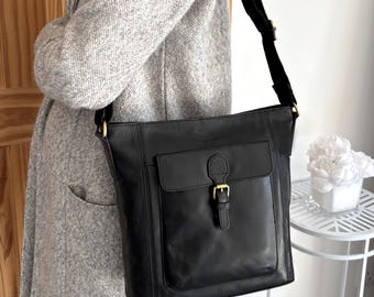 Grand sac à bandoulière en cuir noir, sac à bandoulière