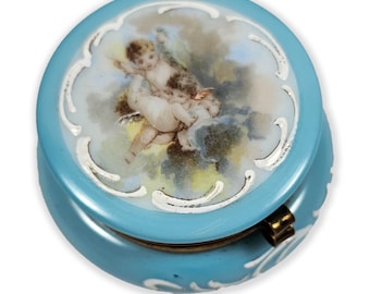 Antique French Opaline Patch Box, Cherub Décor, Belle Époque Trinket Box