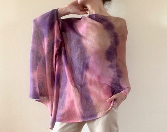 PONCHO IN LINO pastello Ombre scialle tinto a mano Maglione rosa viola da donna Mantella in lino Elegante copertura Involucro estivo multicolor Regalo per lei OOAK506