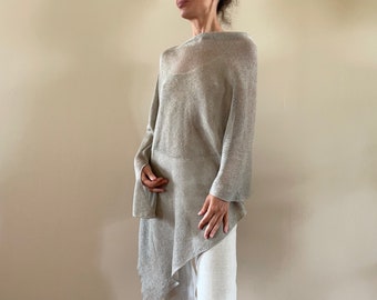 PONCHO en lin naturel pur Châle gris Cape de lin Couverture élégante Wrap de plage d'été Pull femme surdimensionné Boho haussement d'épaules Cadeau pour elle 579