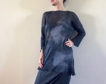 Black gray loose linen tunic Knit flax blouse Unique ombre hand dyed women oversized sweater  One size jumper Artsy pullover OOAK 398