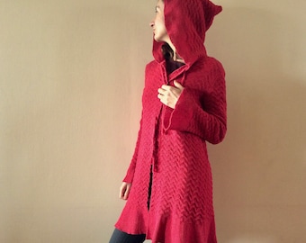 Red Cotton Knit Hooded Cardigan, Artsy Coat, M/L