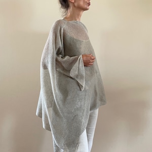 Pure natural linen poncho Gray shawl Flax cape Elegant cover-up Summer beach wrap Oversized women's sweater Boho shrug Gift for her 394