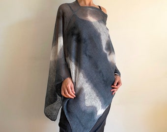 tejido LINEN PONCHO Ombre chal teñido a mano Suéter de mujer Capa de lino Elegante encubrimiento Envoltura gris de verano Regalo para su OOAK 697