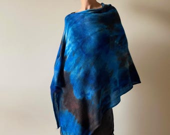 Hand-Dyed Merino Wool Poncho: Blue Ombre Knit Shawl