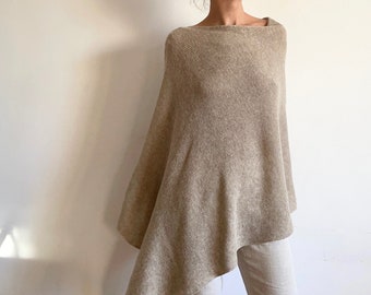 Soft elegant merino wool poncho, Beige pure wool wrap, Warm knit shawl, Women's knitted sweater, Cape for women, Gift for her, 734