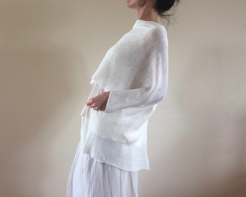 Creamy pure LINEN PONCHO Bridal cape Women's poncho Wedding cape Summer wrap White flax scarf Wedding poncho Gift for her N 102 image 3