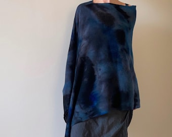 Hand-Dyed Merino Wool Poncho: Navy Blue Ombre Knit Shawl