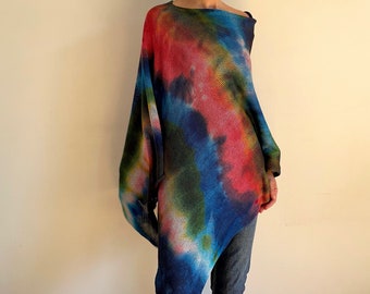 Superposition de poncho bohème en coton tricoté, pull ample, tricots artistiques, protection écologique, emballage unique multicolore, cadeau pour elle, OOAK 764