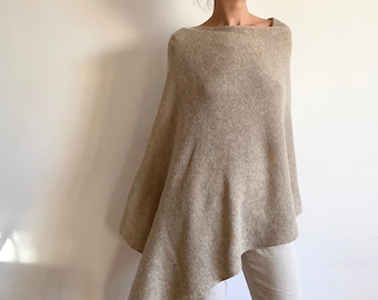 Soft merino warm wool poncho, Beige women's knit shawl, Gift for her