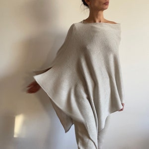 Soft elegant merino wool poncho, Ecru pure wool wrap, Warm broken white knit shawl, Women's knit sweater, Cape for women, Gift for her, 735