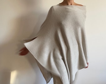 Soft elegant merino wool poncho, Ecru pure wool wrap, Warm broken white knit shawl, Women's knit sweater, Cape for women, Gift for her, 735